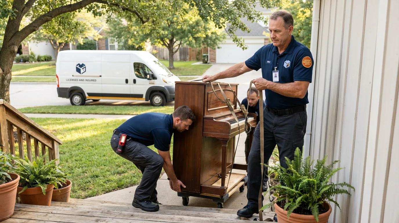 Licensed piano movers securing grand piano in Sangerville, ME