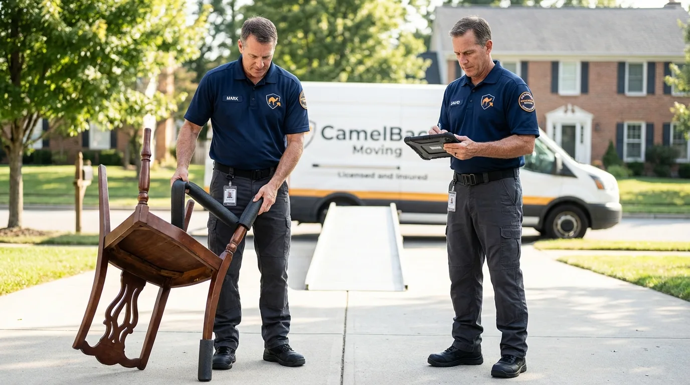 Movers inspecting furniture for damage prevention before loading in Sangerville, ME