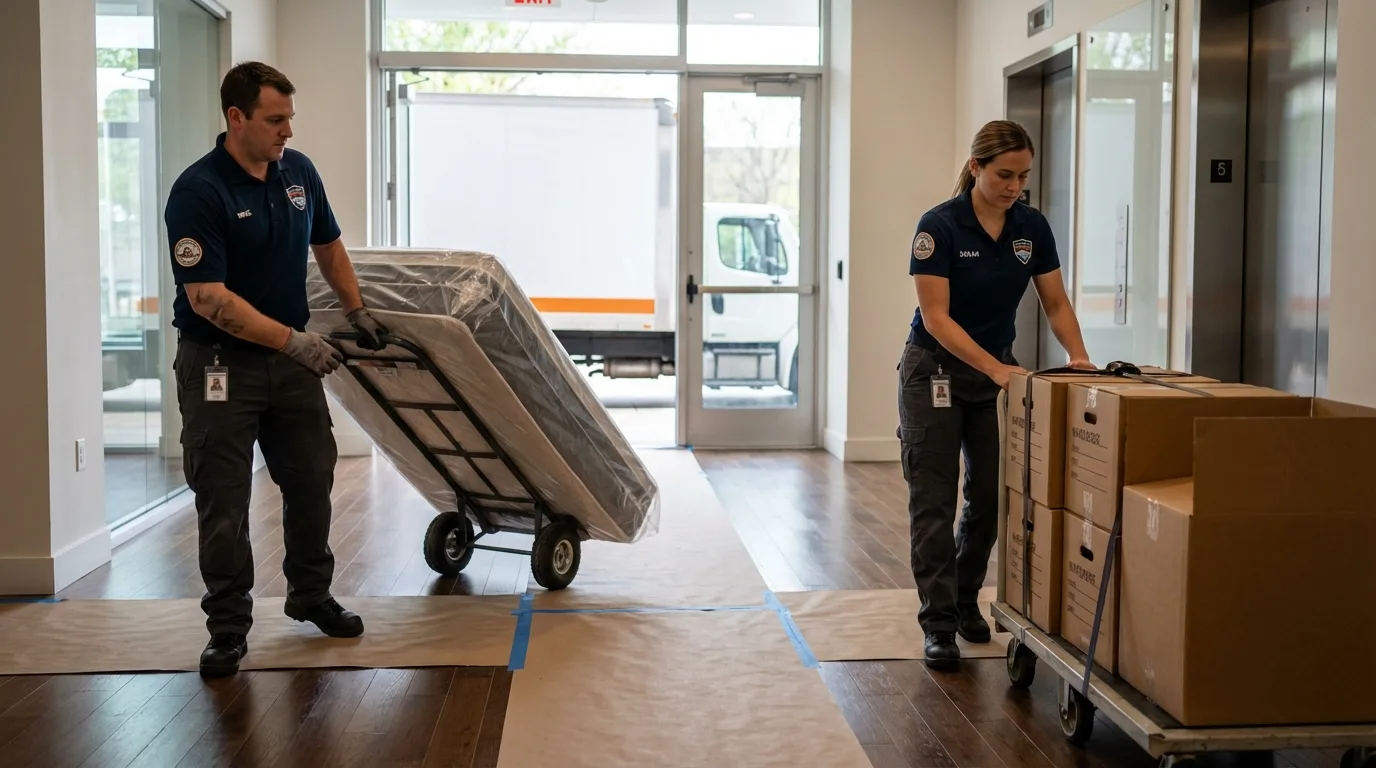 Professional apartment movers loading elevator in Sangerville, ME