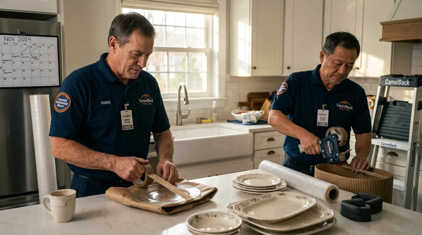 Professional crew packing kitchen dishware in Sangerville, ME